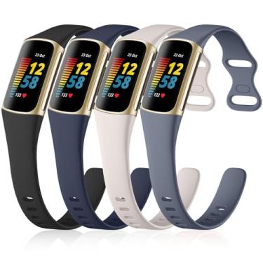 Imagem de GEAK Pacote com 4 pulseiras finas compatíveis com Fitbit Charge 5/Charge 6, mulheres e homens, pulseira de silicone macio de substituição para Fitbit Charge 5/Charge 6 Fitness Tracker,
