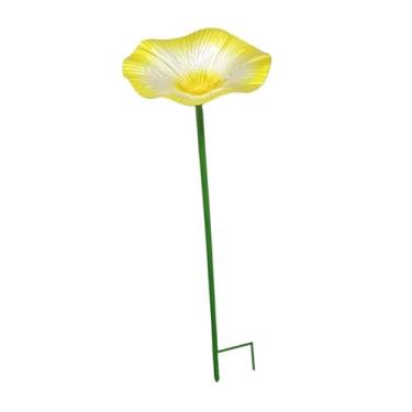 Imagem de WeiLaiKeQi Banheira para pássaros, alimentador de pássaros com suporte, formato de glória da manhã, alimentador de pássaros de ferro, tigela de alimentação para, Amarelo