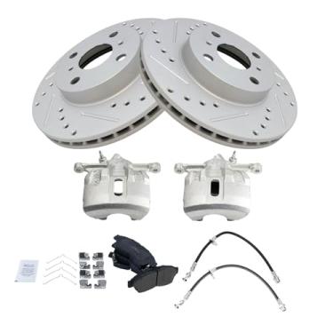 Imagem de TRQ Kit de pastilhas de freio dianteiro e rotor de cerâmica de desempenho perfurado X compatível com dianteiro 1993-1997 Geo Prizm 1995-1997 Toyota Corolla