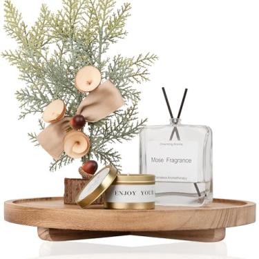 Imagem de Bandeja decorativa redonda de madeira organizador de balcão de banheiro decoração de cozinha de fazenda elevador de madeira para saboneteira, perfume, vela, esponja, 30 cm - marrom