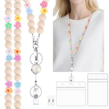 Imagem de Cordão de professor com porta-identidade, flores, lindos cordões de contas de madeira para porta-crachás de identificação, carretel retrátil, chaves, correntes de óculos para mulheres