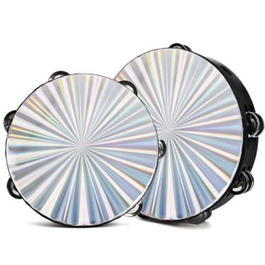 Imagem de YOUEON Pacote com 2 pandeiros radiantes com jingles de fileira dupla, campainha de madeira de 20,5 cm, instrumento de percussão de bateria de mão para igreja, pandeiro para dança, festa, KTV