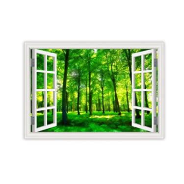 Imagem de Impressão em tela para parede janela linda floresta verde 3D falsa janela vista paisagem pintura natureza imagem impressão em tela arte de parede para sala de estar 80 x 120 cm 31 x 47 pol sem moldura