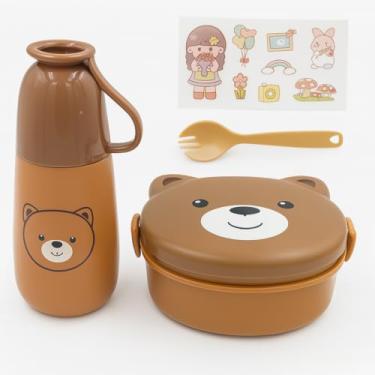 Imagem de Kit Marmita Infantil Urso com Garrafa e Talheres 4 Peças | Lancheira Escolar Plástica | Design Fofo, Compacto e Reutilizável