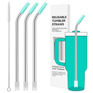 Imagem de Prurex Canudos reutilizáveis de aço inoxidável com ponta de silicone para Stanley 1,134 g, canudos de metal para copo de 1134 g, 3 tubos dobrados e 6 pontas e 1 escova Cleanr (azul-petróleo tropical)