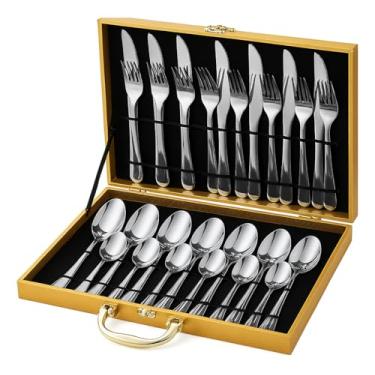 Imagem de Jogo de Faqueiro Inox 24 Peças com Maleta Luxo Dourada – Talheres em Aço Inox (Facas, Garfos, Colheres e Colheres de Chá) – Cor Prata – Apto Lava-Louças