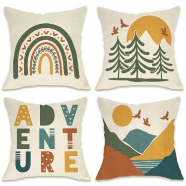 Imagem de Fahrendom Boho Adventure Capas de almofada decorativas 50,8 x 50,8 cm, conjunto com 4 fronhas boêmias, arco-íris, floresta, alpendre, floresta, para área externa, geométrico, pôr do sol, arte moderna
