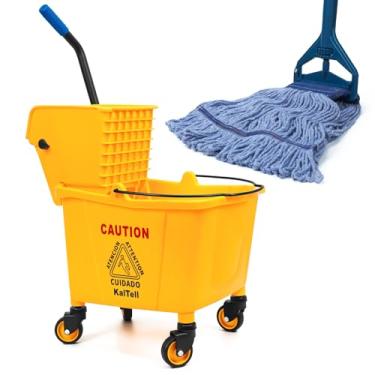 Imagem de Balde de esfregão comercial de 35 litros com espremedor lateral sobre rodas e 1 esfregão industrial para limpeza de piso, uso em área de negócios em casa, suprimentos de limpeza, retangular