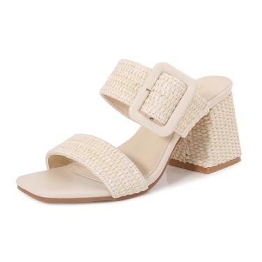 Imagem de Shion ShaaYii Sandálias femininas Raffia Slide Square Open Toe Sandálias de salto duas tiras Mules Slip On Block Sandálias de salto grosso para mulheres, Raffia bege, 36
