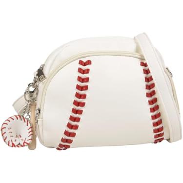 Imagem de Bolsa tiracolo de beisebol feminina - Bolsa tiracolo costurada com acessórios para chaveiro, bolsa de ombro pequena de couro vegano, bolsa branca para estádio, essencial para jogos de beisebol, bolsa
