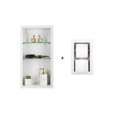 Imagem de Nicho Em Porcelanato Com Prateleira De Vidro Para Banheiro E Porta Pap