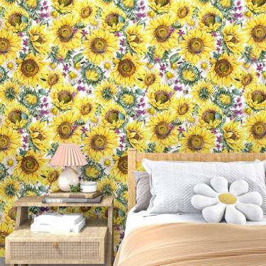 Imagem de Mangoloo Papel de parede Boho Peel and Stick floral girassol dourado para quarto sala de estar parede com destaque 44,5 x 259,1 cm papel de contato removível adesivo para armários, bancadas