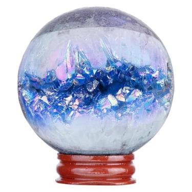 Imagem de Rockcloud Esfera de cristal de quartzo azul revestida de titânio com suporte de madeira, esfera geodo de cristal de rocha natural para decoração de casa de adivinhação, 61-70 mm