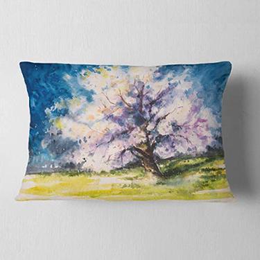 Imagem de Designart Florescendo Árvore de Cerejeira Azul Aquarela Floral Lombar, Sala de Estar, Sofá, Almofada + Capa de Almofada Estampada em ambos os lados 30,5 x 50,8 cm