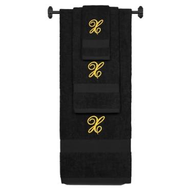 Imagem de Iniciais bordadas personalizadas A-Z - Toalha de banho de algodão felpudo personalizada, conjunto de toalha de mão e toalha de banho - Conjunto de toalhas pretas, letra X dourada Diana Script