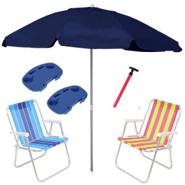 Imagem de Kit Praia 2 Cadeira Alta Guarda Sol 2,4m Azul Marinho 2 Mesa Portátil 
