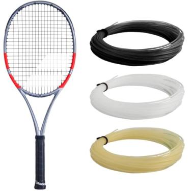 Imagem de Babolat Raquete de tênis Pure Strike 100 46x20 4ª geração, cinza carbono - amarrada com estripa branca de 16 g em tensão de faixa média (aderência de 11 cm)