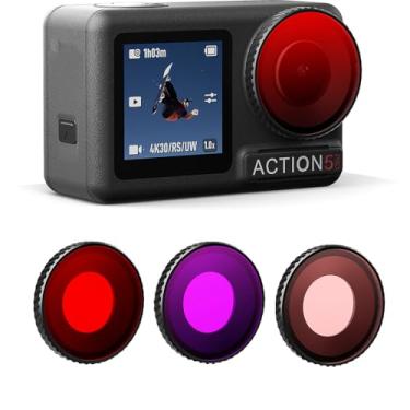 Imagem de Coyktonty Conjunto de filtros de mergulho/filtro à prova d'água para câmera DJI Osmo Action 5 Pro/Action 4/Action 3, capa protetora de lente para mergulho com snorkel e esportes aquáticos (vermelho