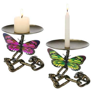 Imagem de Conjunto de 2 castiçais de corrente vintage, suporte de vela de coluna de ferro rústico com acabamento em bronze antigo, castiçais de metal retrô para mesa central, decoração gótica (bronze antigo - 7