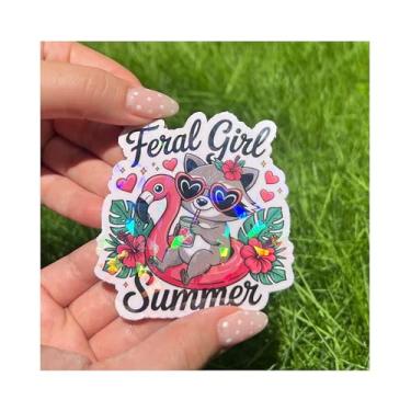 Imagem de BELISMIA Adesivo holográfico de verão Feral Girl, adesivo holográfico de praia de guaxinim, adesivo estético feminino coquete animal vinil assistente de água adesivos brilhantes para laptop, celular