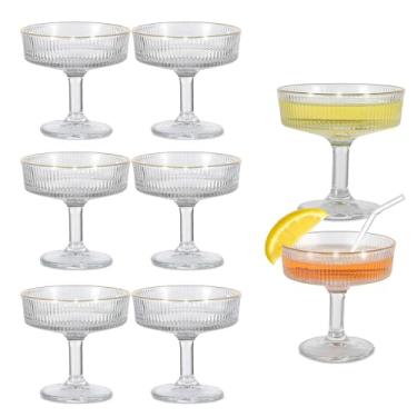 Imagem de Pacote com 6 copos de cupê canelados, conjunto de copos vintage de 200 ml, copos de coquetel de uísque cristalinos (11 cm de altura) para bar em casa, presentes de casamento - Embalagem resistente a