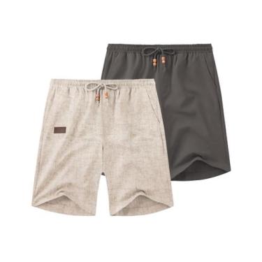 Imagem de Shorts COOFANDY masculinos de linho casual com cintura elástica cáqui/