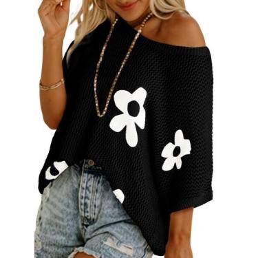 Imagem de Top Dokotoo feminino floral de verão em crochê preto XXL