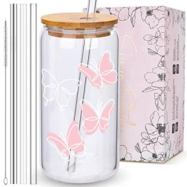 Imagem de Copo de vidro BIPEDS Butterfly Design com tampa e canudo, conjunto de 