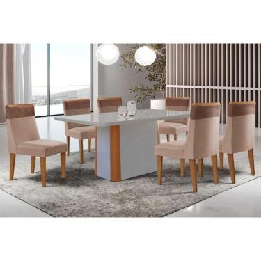 Imagem de Conjunto Sala de Jantar Pietá c/ Tampo Madeirado c/ Vidro Canto Curvo 180x90cm e 6 Cadeiras Jaspe Madeira Maciça Naturale/Off White - Capuccino/Suede 