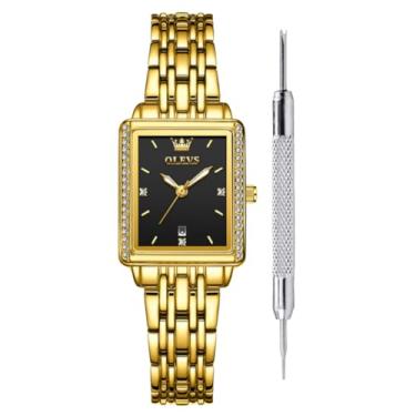 Imagem de OLEVS Relógio feminino moderno e luxuoso com mostrador quadrado – pulseira de malha de aço inoxidável dourado retrô, quartzo analógico, à prova d'água, elegante, fino, relógio social, amor próprio
