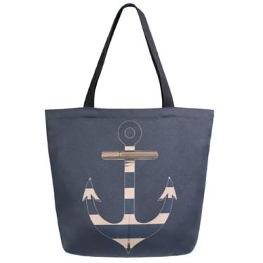 Imagem de Bolsa de ombro extra grande elegante, âncora em lona náutica azul listrada bolsa de alça diária para academia, fim de semana, viagem, cozinha, reutilizável, compras no mercado