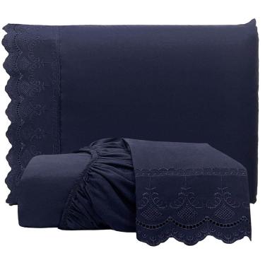 Imagem de Jogo De Lençol Realce Casal 3 Peças Percal 300 Fios Bordado Inglês Macio - Azul Marinho - 100% Poliéster