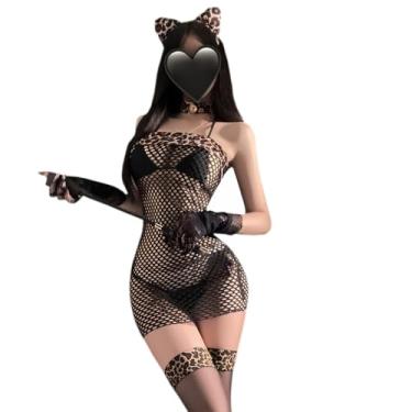 Imagem de SENJIY Lingerie sexy de gato para mulheres, pelúcia, fantasia, cosplay, arrastão, roupa íntima, leopardo, anime, encenação, body, orelhas, gargantilha, laço, cauda, conjunto de tanga