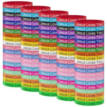 Imagem de Meajjew 100 pulseiras Jesus Loves You para mulheres e homens, pulseiras de silicone religioso cristão Jesus, Silicone, Sem Pedra Preciosa