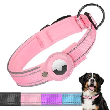 Imagem de Coleira para cães AirTag atualizada 2025, coleira de couro com suporte para AirTag, ajustável, respirável, macia acolchoada Apple Air Tag para cães pequenos, médios e grandes, (rosa, GG)