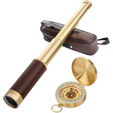Imagem de Retro Pirate Telescope Zoomable 25x30 Spyglass Portable Collapsible Handheld Telescope Vintage Monocular for Kids & Survival Gear Compass Pocket Military Compass for Camping Boating