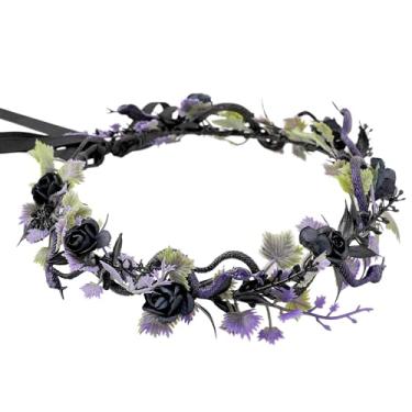 Imagem de MOSTORY Chapéu Medusa de cobra roxa – Coroa de flor preta com cobra para fantasia de fada escura feminina, tiara floral medusa para Halloween, cosplay, acessórios renascentistas, Fairycore