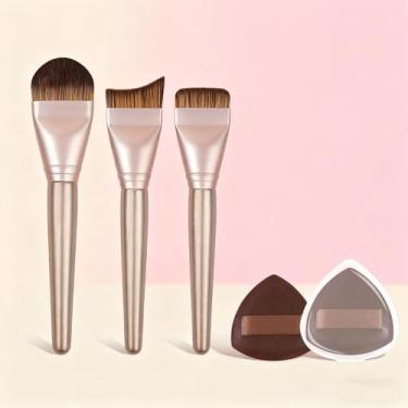 Imagem de Conjunto de 5 peças de pincéis de maquiagem e puff, pincéis de rosto impecáveis, esponjas de maquiagem para base, creme e blush (marrom dourado)