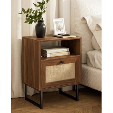 Imagem de Masupu Mesa de cabeceira extragrande de vime, mesa de cabeceira moderna de madeira com gaveta de armazenamento e prateleira aberta, mesa lateral pequena com moldura preta para quarto, sala de estar,