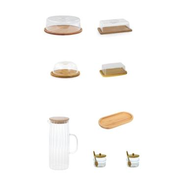 Imagem de Kit Café Da Manhã Bambu - 8 Itens Boleira + Manteigueira + jarra + queijeira + porta Frios + 2 Potes + bandeja