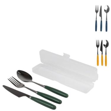 Imagem de Kit Talheres Para Marmita com Estojo, 3 Peças, Garfo, Faca e Colher, Cabo Colorido em Verde, Azul e Amarelo, Portátil Para Almoço