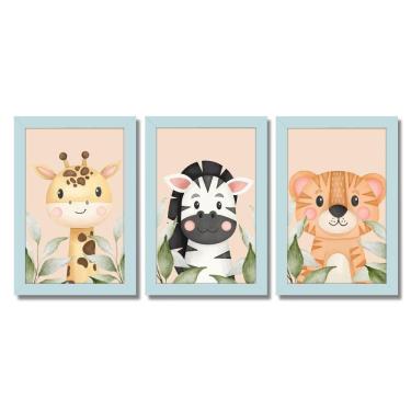 Imagem de Kit Quadros Infantil Safari Aquarela 20X30 3 Peças Titulo Moldura Azul