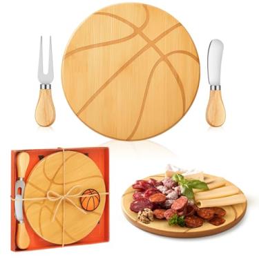 Imagem de Ziliny Conjunto de presente de tabuleiro de queijo de basquete, prêmios de lembrancinha de festa, tábua de madeira de charcutaria com facas e caixa, presente de dia dos pais para o pai e avô, jogo de