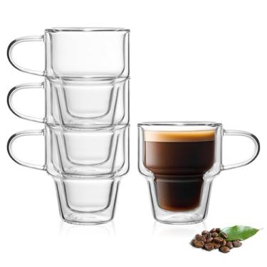 Imagem de NIRA.Z Pacote com 4 canecas de café de vidro de parede dupla, copos de café com isolamento de 283 g com alça, xícaras de café de vidro térmico empilháveis, ideais para bebidas quentes e frias, suco