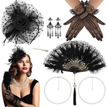 Imagem de Mototo Conjunto de 6 peças de acessórios para festa de chá, chapéus e luvas para festa de chá, inclui chapéus Fascinators com penas, luvas de renda curta, colar de pérola, brincos para mulheres,