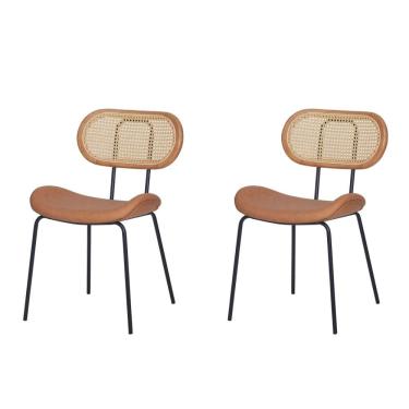 Imagem de Kit 2 Cadeiras Toscana Fratini Aço Preto Encosto Madeira Tela Rattan Sintética Assento PU Caramelo