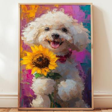 Imagem de Arte de parede de cachorro engraçado colorido abstrato girassol impressão de cachorro fofo imagens abstratas de animais Bichon Frise arte de parede pintura colorida animais engraçados pôsteres