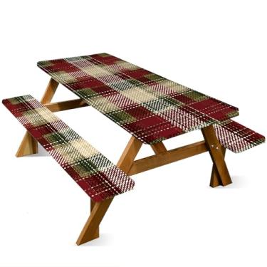 Imagem de ANNA QUEEN Conjunto de capa de mesa de piquenique de Natal de 1,82 m x 76 cm, à prova d'água, banco e toalha de mesa, proteção de móveis para acampamento, praia, churrasco, pátio, quintal