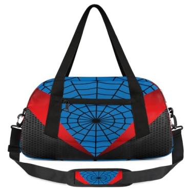 Imagem de Bolsa de viagem de academia para meninos – Bolsa infantil de fim de semana com bolso frontal com zíper para prática escolar, bolsas de mão para adolescentes, Teia de aranha azul e vermelha, Desenho