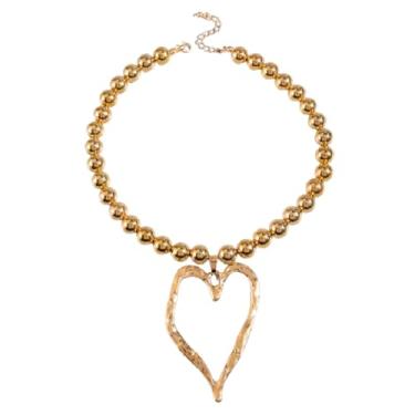 Imagem de Y2K Colar de coração grande com contas de pérolas de imitação longa, colar com pingente de coração de ouro grosso, joia moderna para mulheres, 16in, Zinco, Sem Pedra Preciosa